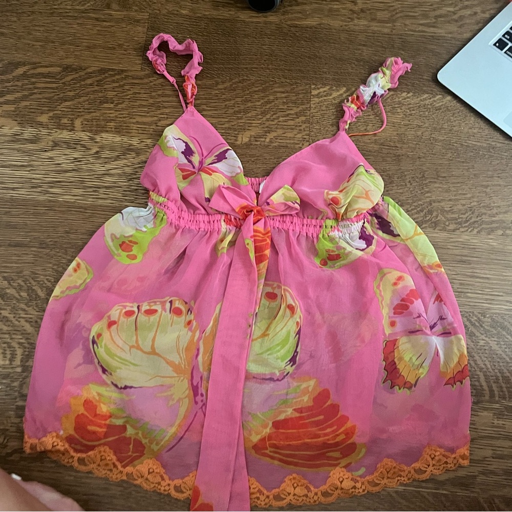 La Senza pink butterfly vintage y2k 90s 80s lingerie sheer going out top w lace